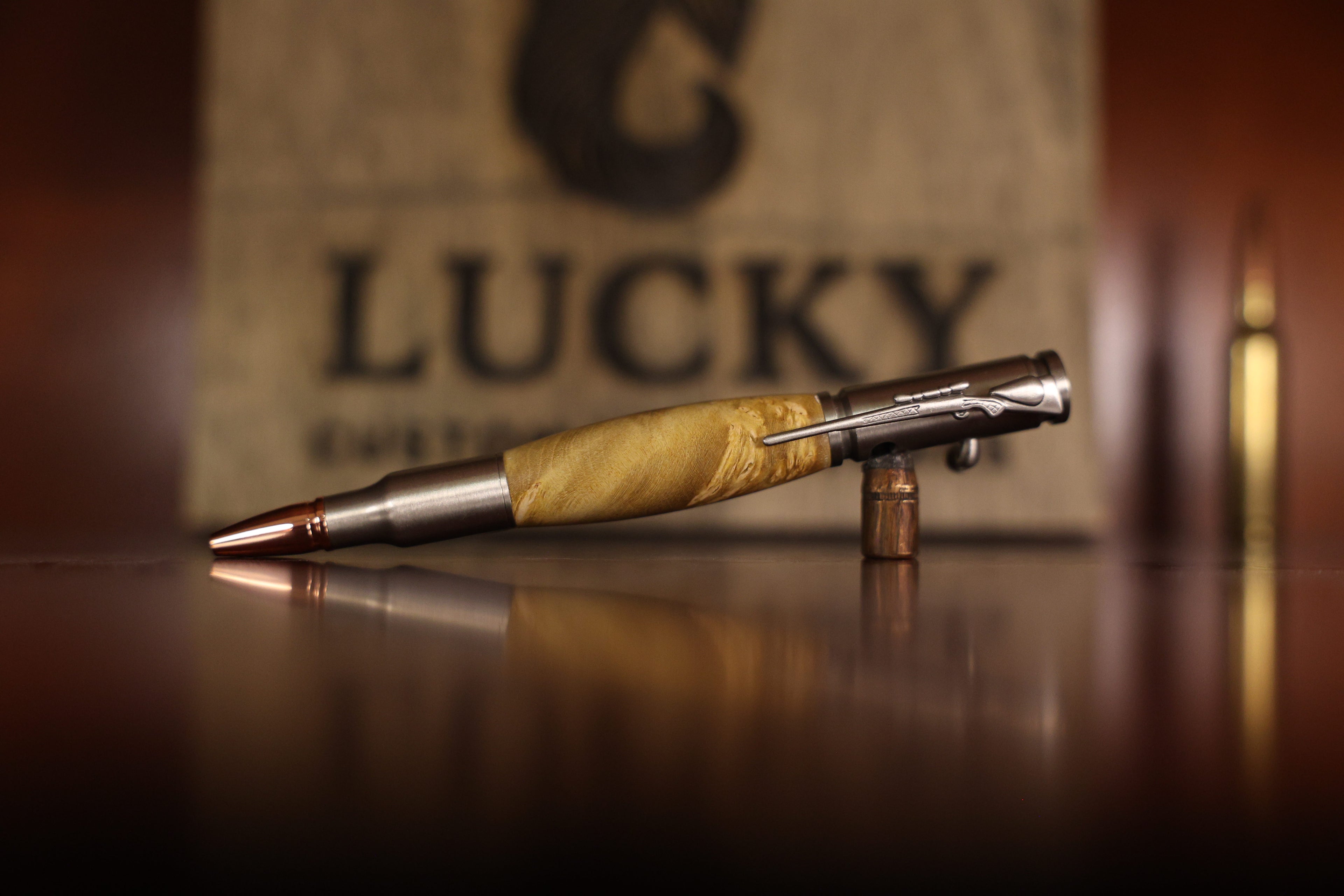 (PEWTER) BOLT ACTION - YELLOW MAPLE BURL BALLPOINT PEN